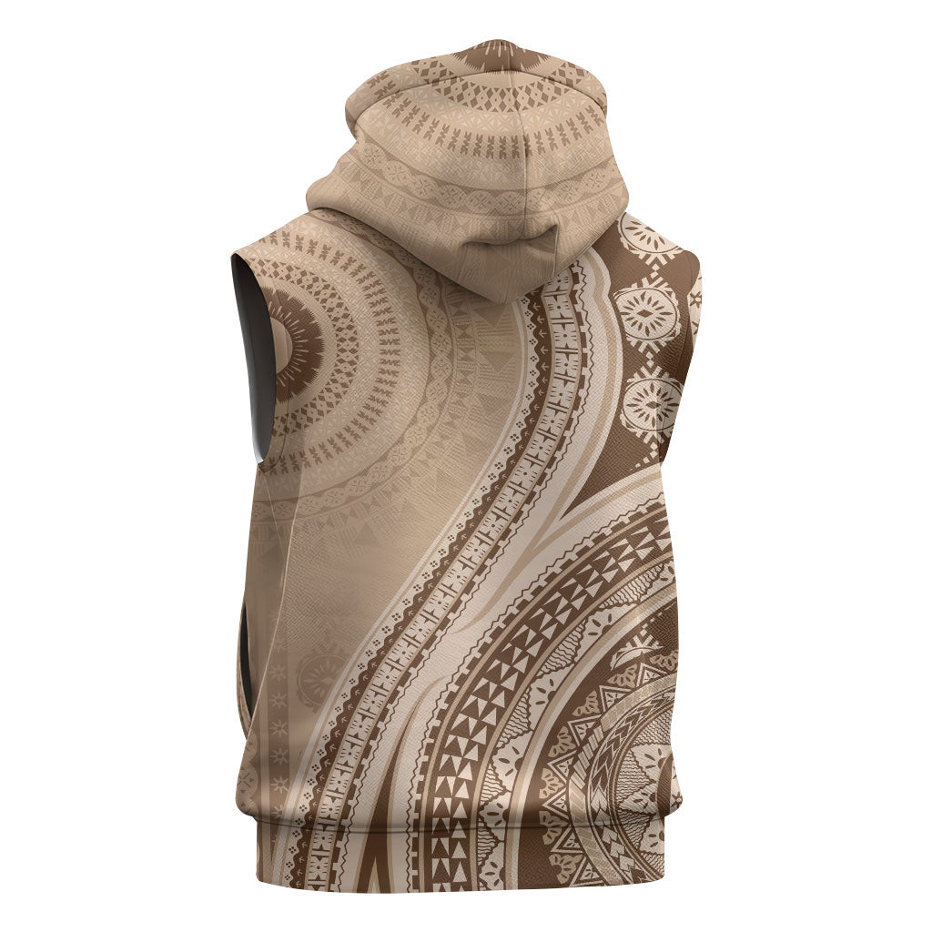 Bula Fiji Vintage Tapa Sleeveless Zip Hoodie Kaivity Masi Wave Motifs - Mocha