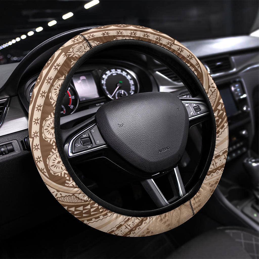 Bula Fiji Vintage Tapa Steering Wheel Cover Kaivity Masi Wave Motifs - Mocha