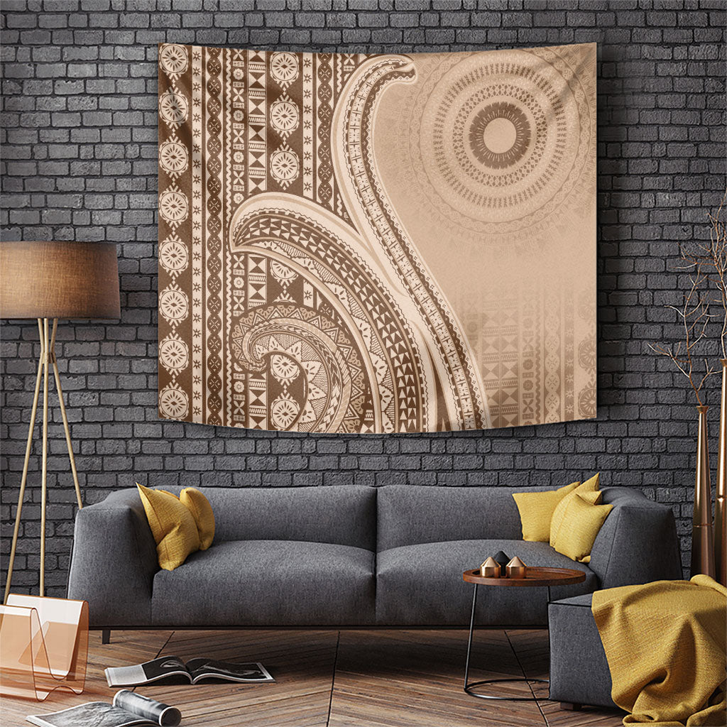 Bula Fiji Vintage Tapa Tapestry Kaivity Masi Wave Motifs - Mocha