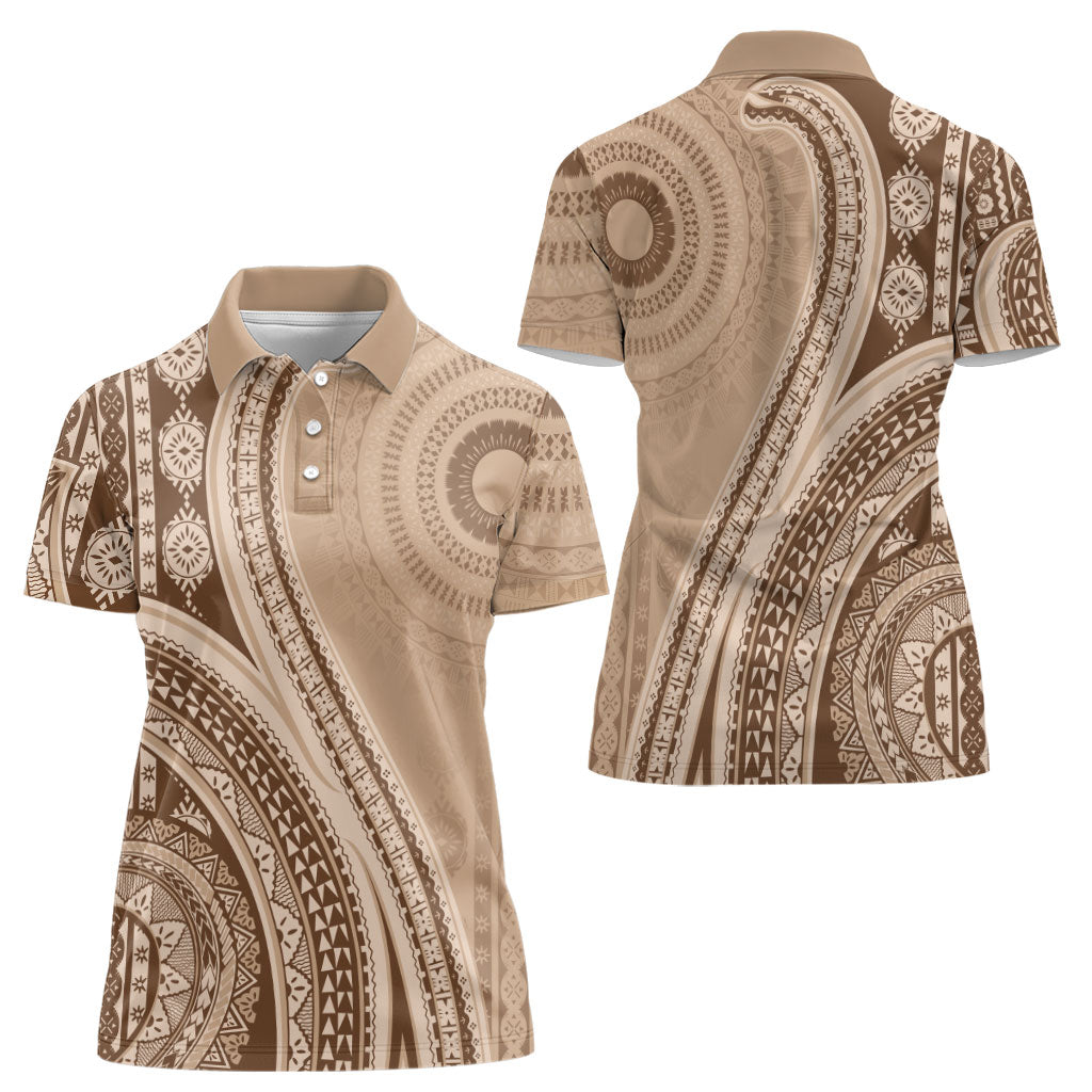 Bula Fiji Vintage Tapa Women Polo Shirt Kaivity Masi Wave Motifs - Mocha