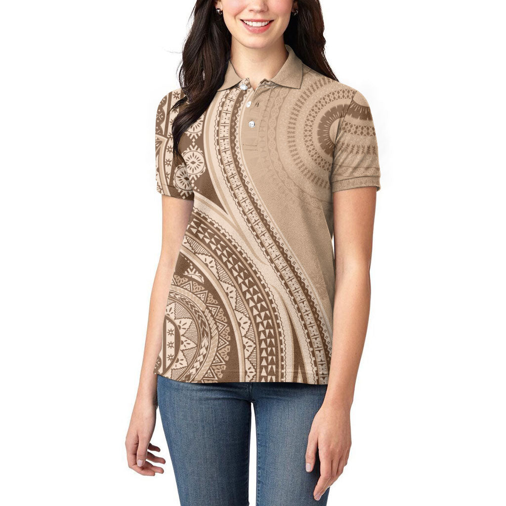 Bula Fiji Vintage Tapa Women Polo Shirt Kaivity Masi Wave Motifs - Mocha