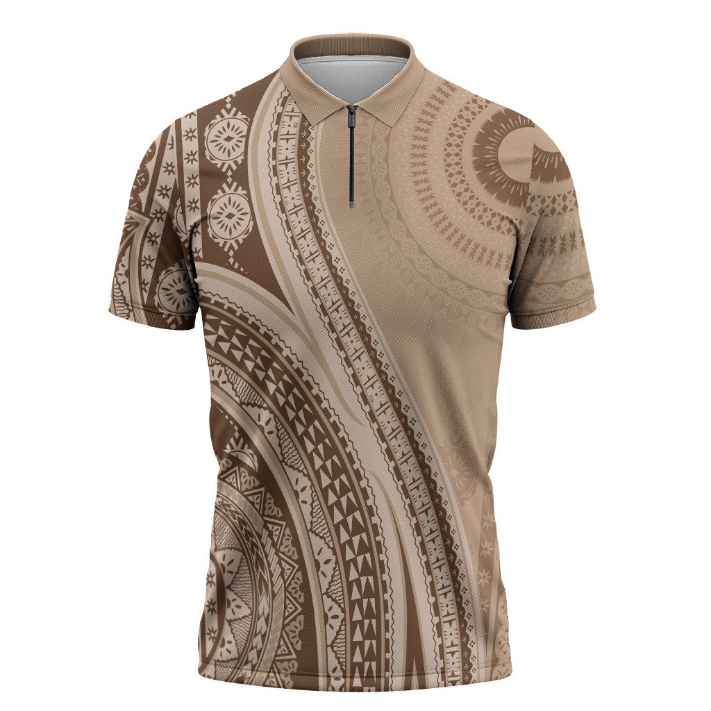 Bula Fiji Vintage Tapa Zipper Polo Shirt Kaivity Masi Wave Motifs - Mocha