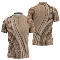 Bula Fiji Vintage Tapa Zipper Polo Shirt Kaivity Masi Wave Motifs - Mocha