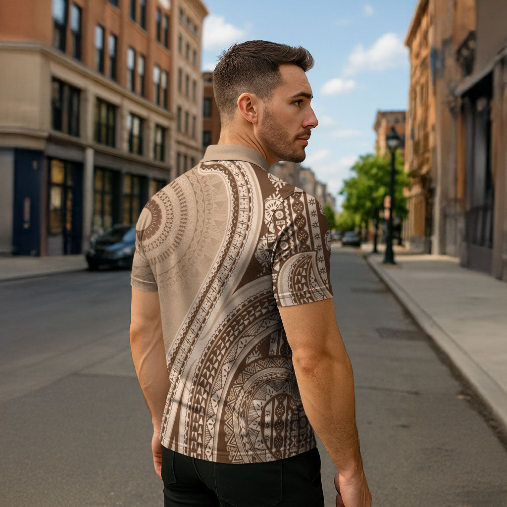Bula Fiji Vintage Tapa Zipper Polo Shirt Kaivity Masi Wave Motifs - Mocha