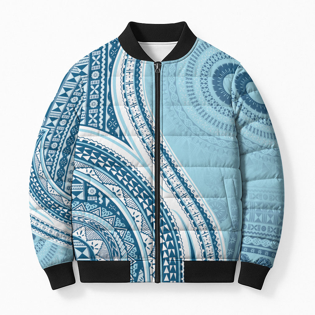 Bula Fiji Vintage Tapa Bomber Puffer Jacket Kaivity Masi Wave Motifs - Turquoise LT7 Unisex Turquoise - Polynesian Pride