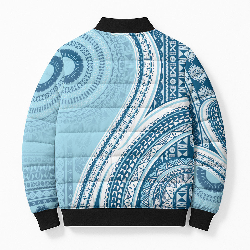 Bula Fiji Vintage Tapa Bomber Puffer Jacket Kaivity Masi Wave Motifs - Turquoise LT7 - Polynesian Pride