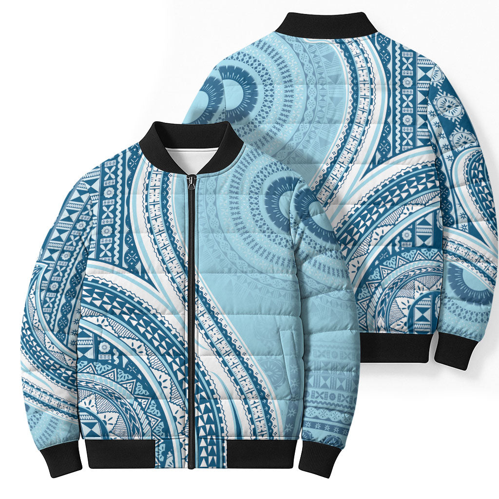 Bula Fiji Vintage Tapa Bomber Puffer Jacket Kaivity Masi Wave Motifs - Turquoise LT7 - Polynesian Pride