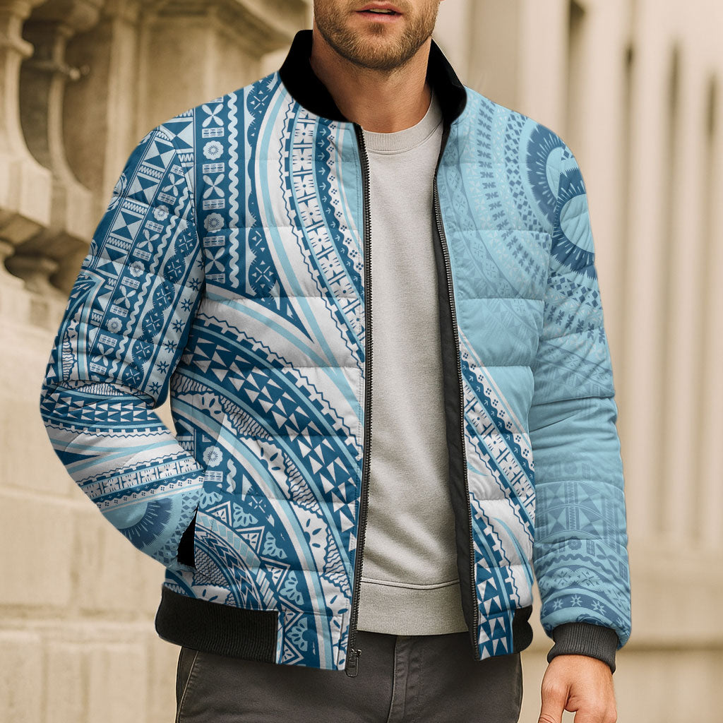 Bula Fiji Vintage Tapa Bomber Puffer Jacket Kaivity Masi Wave Motifs - Turquoise LT7 - Polynesian Pride