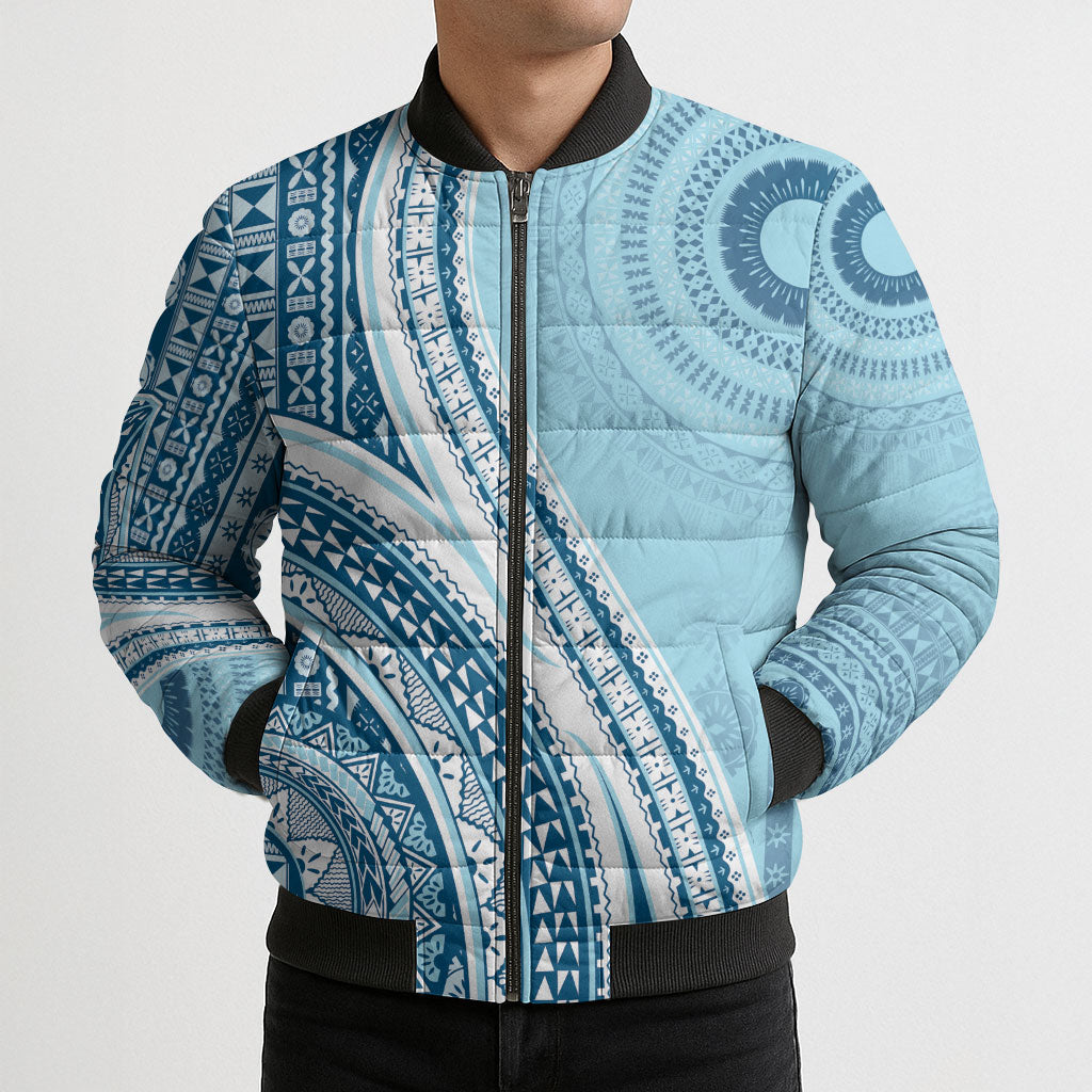 Bula Fiji Vintage Tapa Bomber Puffer Jacket Kaivity Masi Wave Motifs - Turquoise LT7 - Polynesian Pride