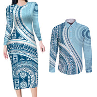 Bula Fiji Vintage Tapa Couples Matching Long Sleeve Bodycon Dress and Long Sleeve Button Shirt Kaivity Masi Wave Motifs - Turquoise