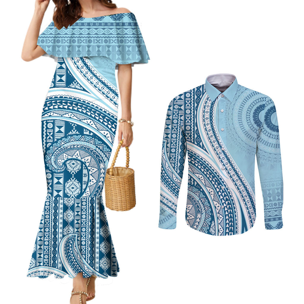 Bula Fiji Vintage Tapa Couples Matching Mermaid Dress and Long Sleeve Button Shirt Kaivity Masi Wave Motifs - Turquoise