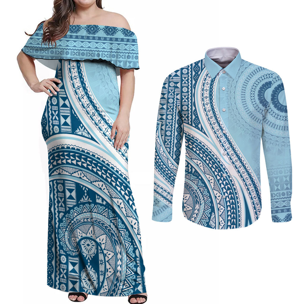 Bula Fiji Vintage Tapa Couples Matching Off Shoulder Maxi Dress and Long Sleeve Button Shirt Kaivity Masi Wave Motifs - Turquoise