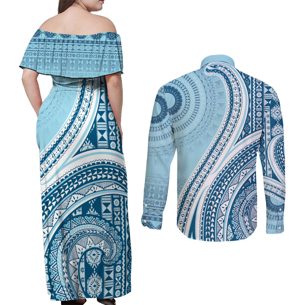 Bula Fiji Vintage Tapa Couples Matching Off Shoulder Maxi Dress and Long Sleeve Button Shirt Kaivity Masi Wave Motifs - Turquoise
