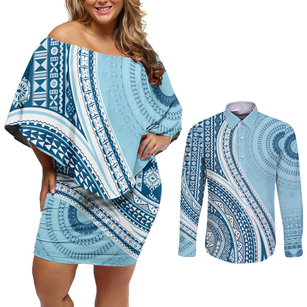 Bula Fiji Vintage Tapa Couples Matching Off Shoulder Short Dress and Long Sleeve Button Shirt Kaivity Masi Wave Motifs - Turquoise