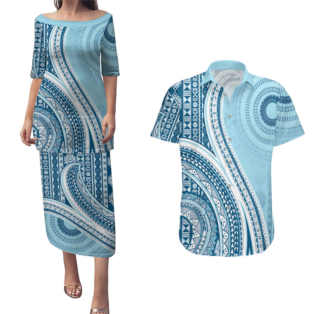 Bula Fiji Vintage Tapa Couples Matching Puletasi and Hawaiian Shirt Kaivity Masi Wave Motifs - Turquoise