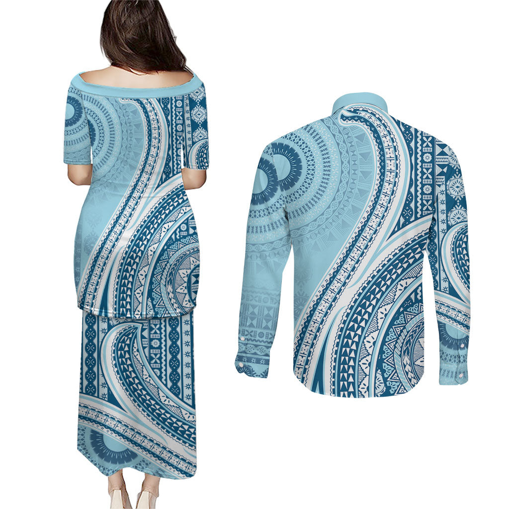 Bula Fiji Vintage Tapa Couples Matching Puletasi and Long Sleeve Button Shirt Kaivity Masi Wave Motifs - Turquoise