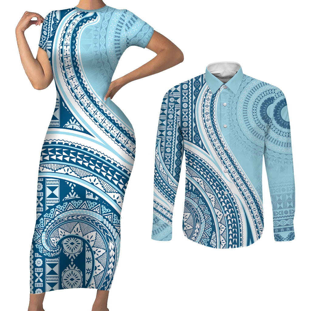 Bula Fiji Vintage Tapa Couples Matching Short Sleeve Bodycon Dress and Long Sleeve Button Shirt Kaivity Masi Wave Motifs - Turquoise