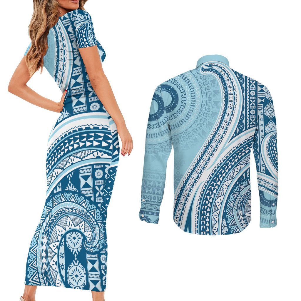 Bula Fiji Vintage Tapa Couples Matching Short Sleeve Bodycon Dress and Long Sleeve Button Shirt Kaivity Masi Wave Motifs - Turquoise