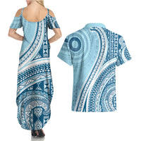 Bula Fiji Vintage Tapa Couples Matching Summer Maxi Dress and Hawaiian Shirt Kaivity Masi Wave Motifs - Turquoise LT7 - Polynesian Pride