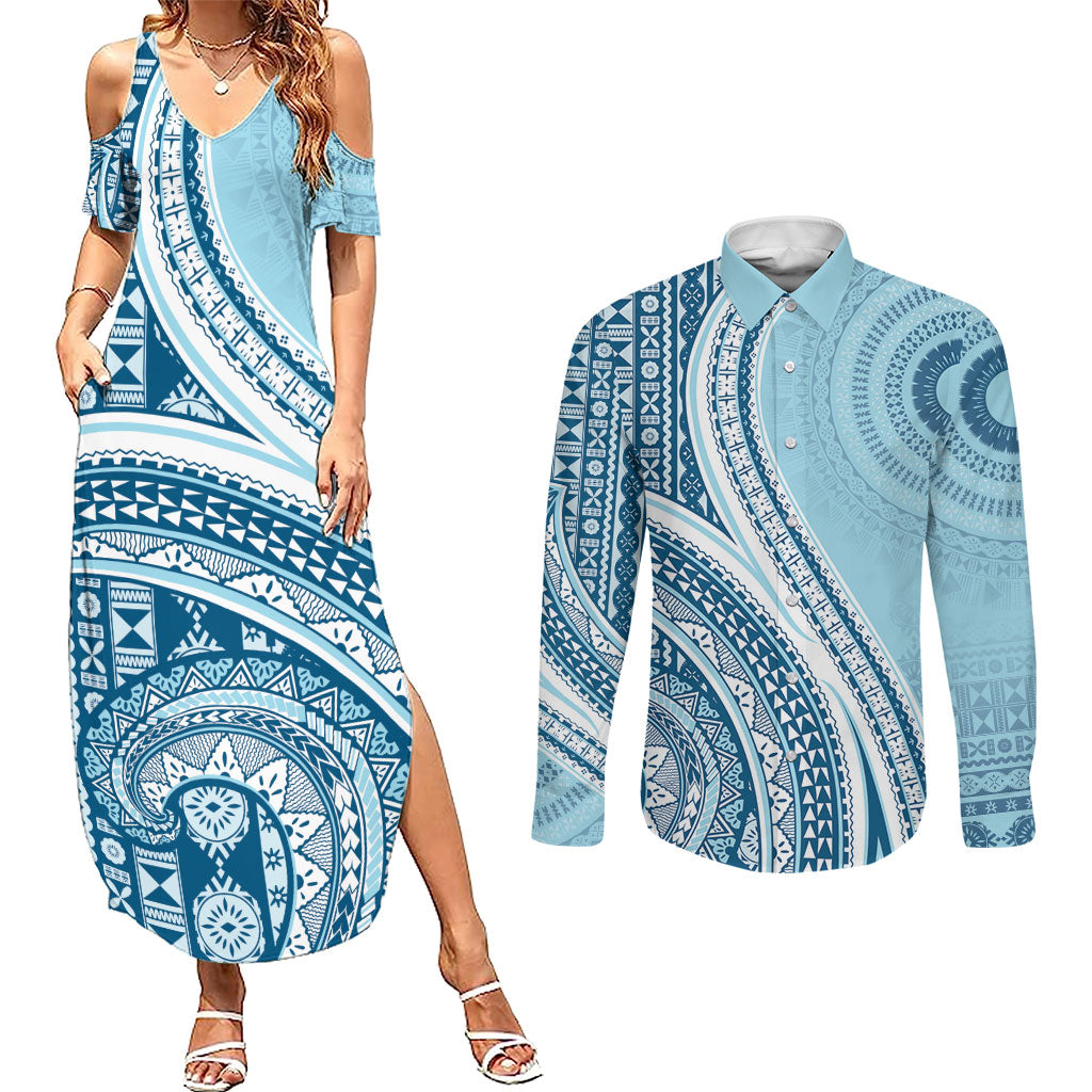 Bula Fiji Vintage Tapa Couples Matching Summer Maxi Dress and Long Sleeve Button Shirt Kaivity Masi Wave Motifs - Turquoise
