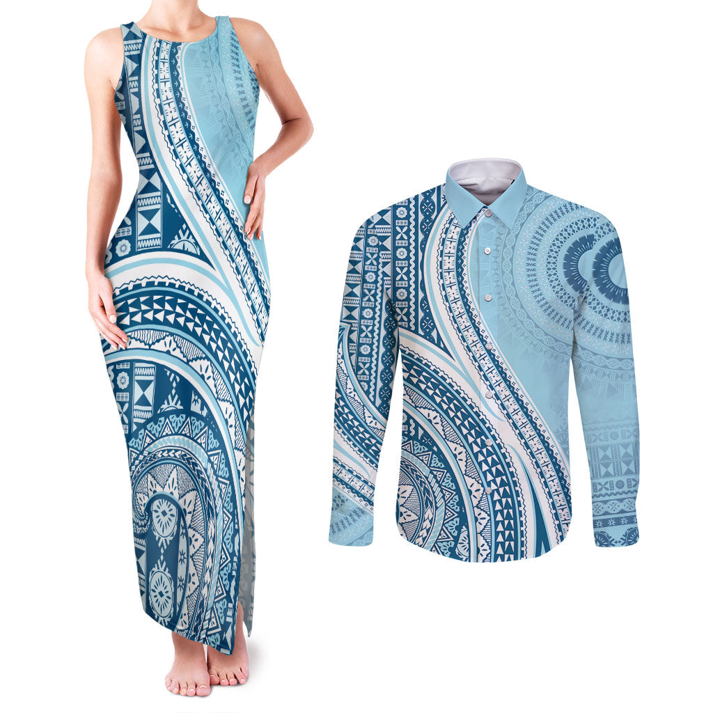 Bula Fiji Vintage Tapa Couples Matching Tank Maxi Dress and Long Sleeve Button Shirt Kaivity Masi Wave Motifs - Turquoise