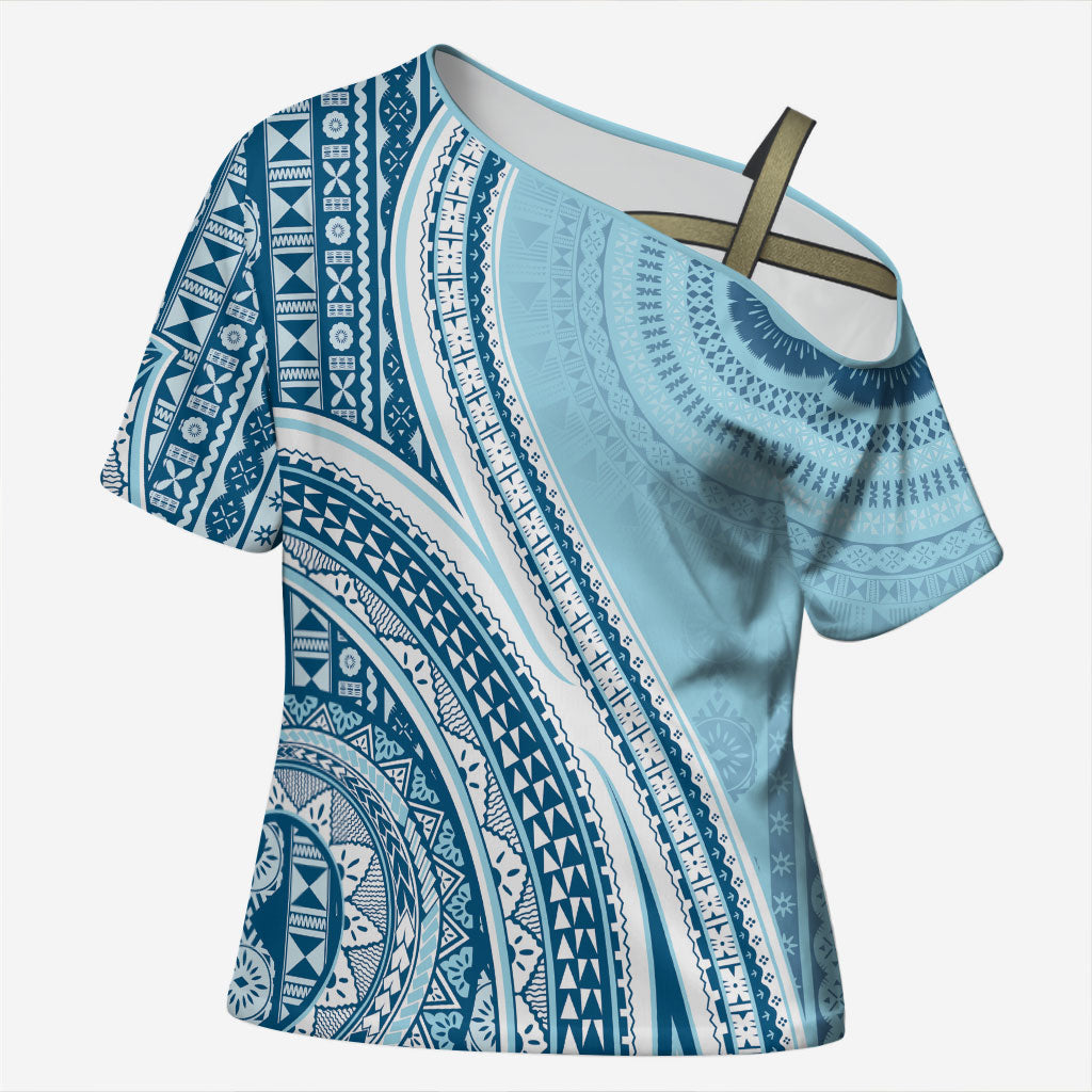 Bula Fiji Vintage Tapa Cross Shoulder Shirt Kaivity Masi Wave Motifs - Turquoise