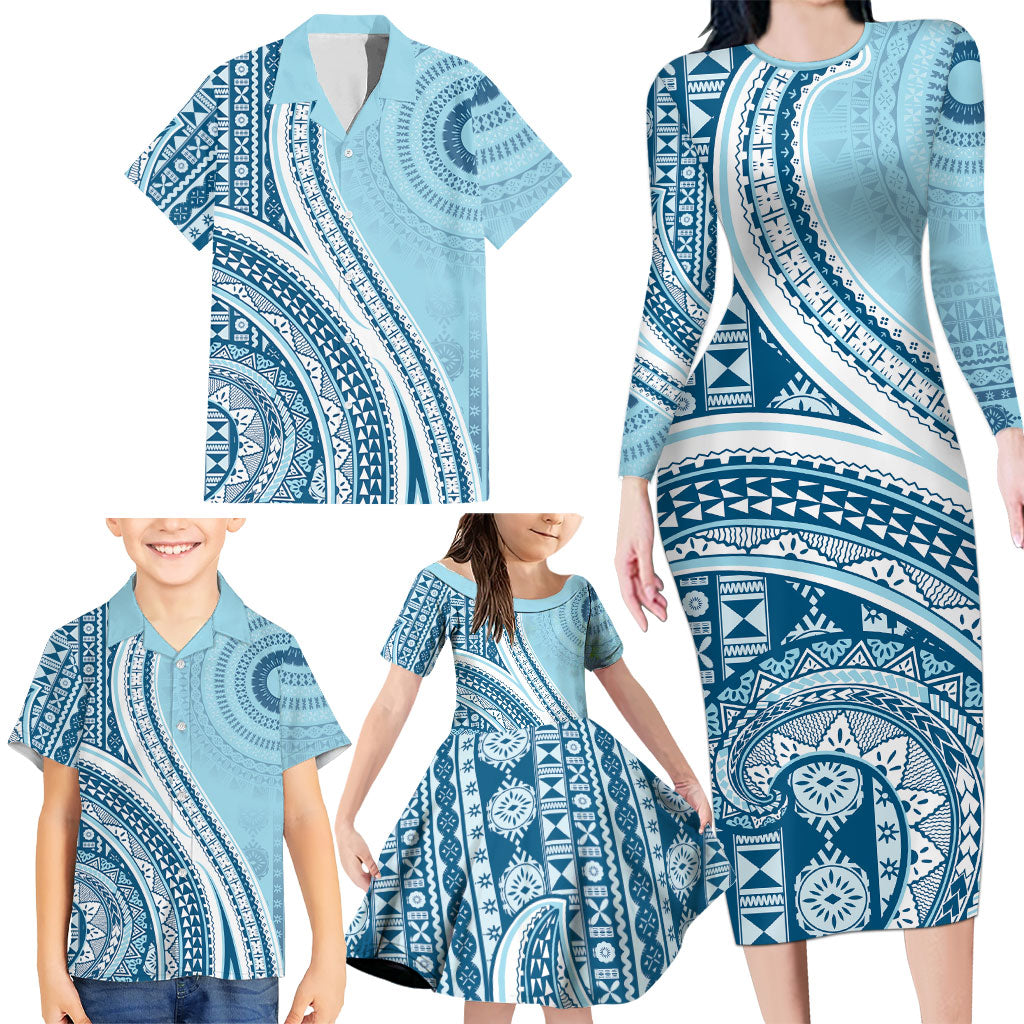 Bula Fiji Vintage Tapa Family Matching Long Sleeve Bodycon Dress and Hawaiian Shirt Kaivity Masi Wave Motifs - Turquoise