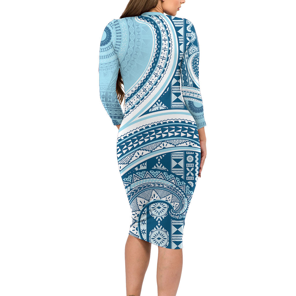 Bula Fiji Vintage Tapa Family Matching Long Sleeve Bodycon Dress and Hawaiian Shirt Kaivity Masi Wave Motifs - Turquoise