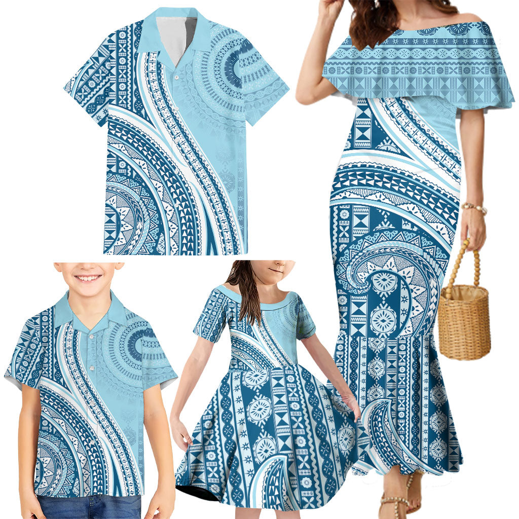 Bula Fiji Vintage Tapa Family Matching Mermaid Dress and Hawaiian Shirt Kaivity Masi Wave Motifs - Turquoise