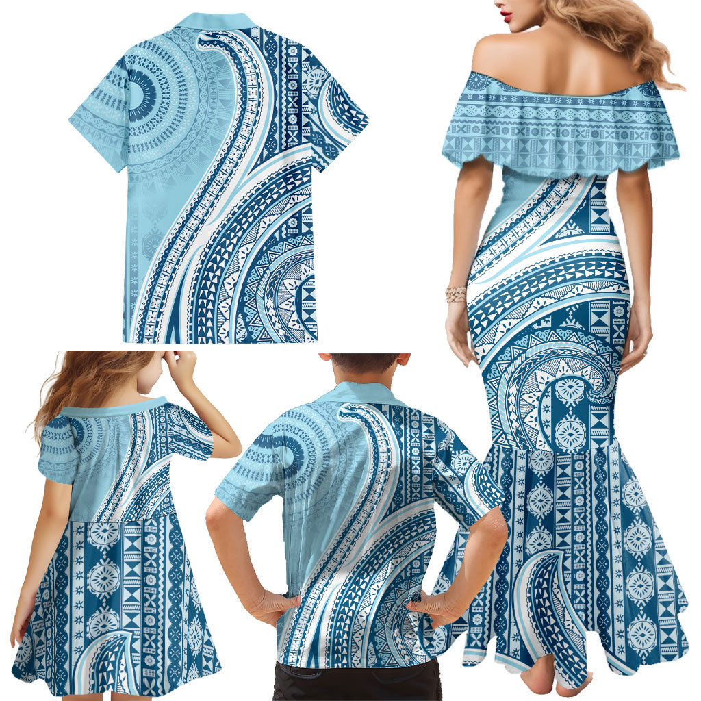 Bula Fiji Vintage Tapa Family Matching Mermaid Dress and Hawaiian Shirt Kaivity Masi Wave Motifs - Turquoise