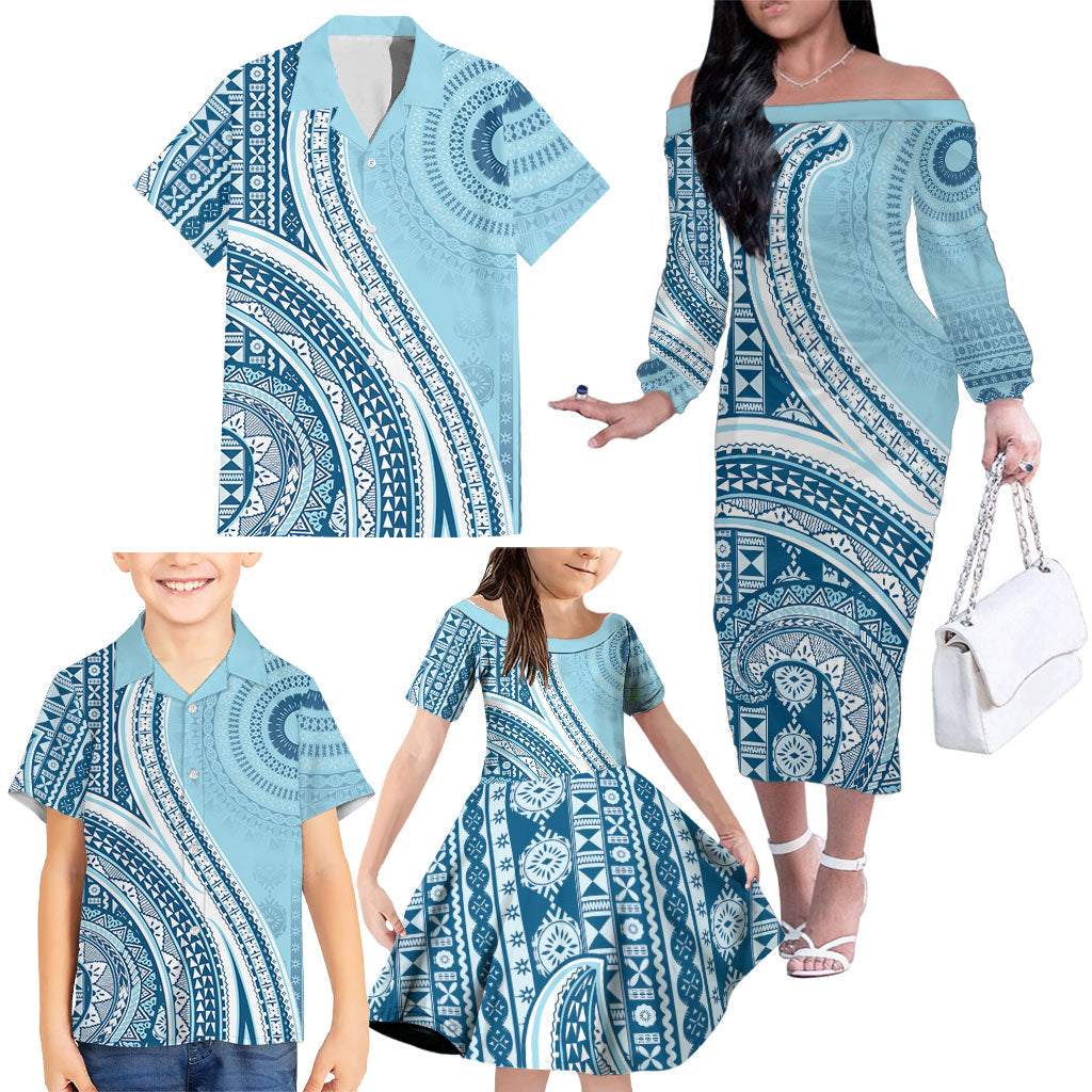 Bula Fiji Vintage Tapa Family Matching Off The Shoulder Long Sleeve Dress and Hawaiian Shirt Kaivity Masi Wave Motifs - Turquoise