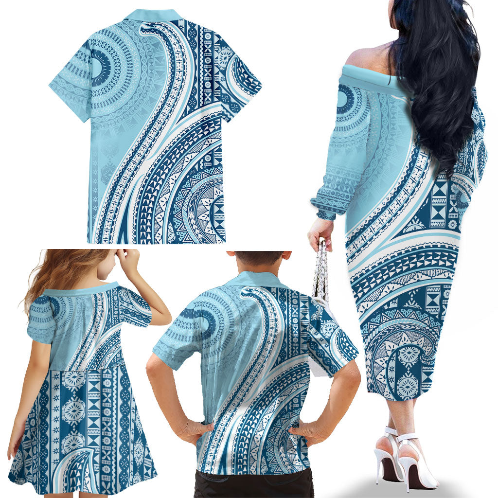 Bula Fiji Vintage Tapa Family Matching Off The Shoulder Long Sleeve Dress and Hawaiian Shirt Kaivity Masi Wave Motifs - Turquoise