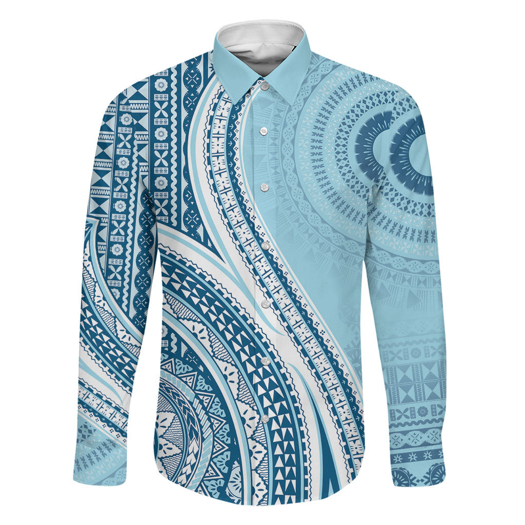 Bula Fiji Vintage Tapa Family Matching Off The Shoulder Long Sleeve Dress and Hawaiian Shirt Kaivity Masi Wave Motifs - Turquoise