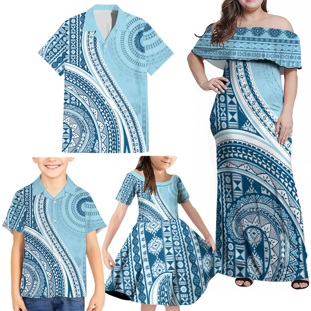 Bula Fiji Vintage Tapa Family Matching Off Shoulder Maxi Dress and Hawaiian Shirt Kaivity Masi Wave Motifs - Turquoise