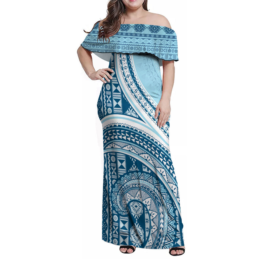 Bula Fiji Vintage Tapa Family Matching Off Shoulder Maxi Dress and Hawaiian Shirt Kaivity Masi Wave Motifs - Turquoise