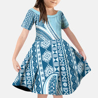 Bula Fiji Vintage Tapa Family Matching Off Shoulder Short Dress and Hawaiian Shirt Kaivity Masi Wave Motifs - Turquoise