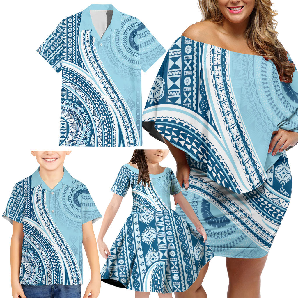 Bula Fiji Vintage Tapa Family Matching Off Shoulder Short Dress and Hawaiian Shirt Kaivity Masi Wave Motifs - Turquoise