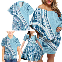 Bula Fiji Vintage Tapa Family Matching Off Shoulder Short Dress and Hawaiian Shirt Kaivity Masi Wave Motifs - Turquoise