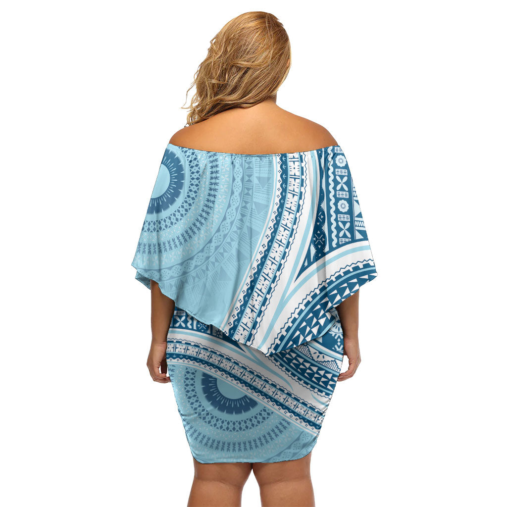 Bula Fiji Vintage Tapa Family Matching Off Shoulder Short Dress and Hawaiian Shirt Kaivity Masi Wave Motifs - Turquoise
