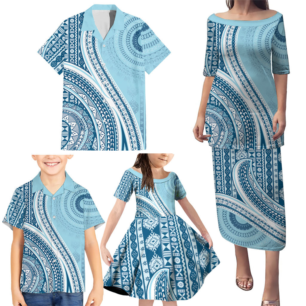 Bula Fiji Vintage Tapa Family Matching Puletasi and Hawaiian Shirt Kaivity Masi Wave Motifs - Turquoise