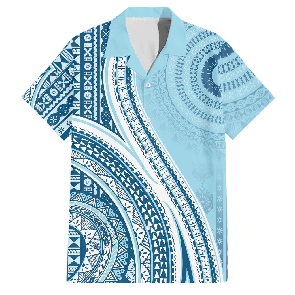 Bula Fiji Vintage Tapa Family Matching Puletasi and Hawaiian Shirt Kaivity Masi Wave Motifs - Turquoise