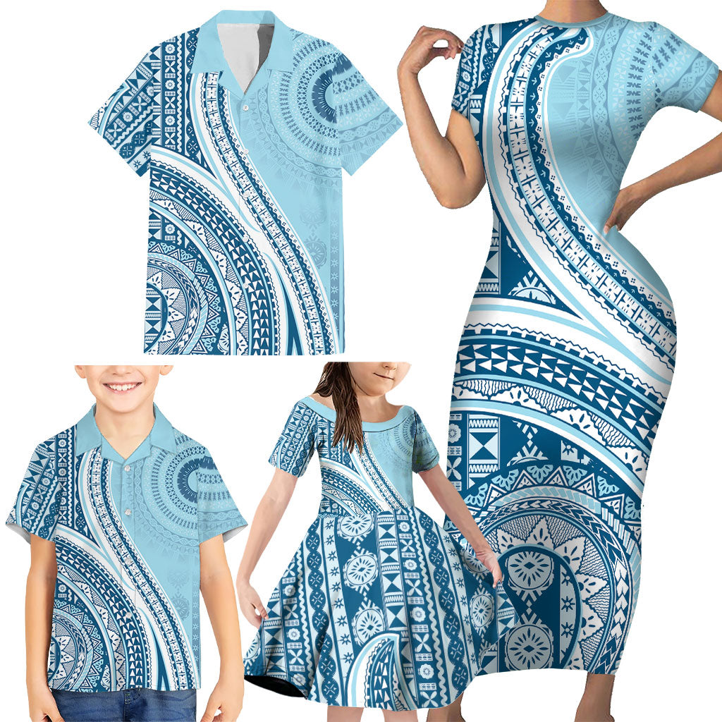 Bula Fiji Vintage Tapa Family Matching Short Sleeve Bodycon Dress and Hawaiian Shirt Kaivity Masi Wave Motifs - Turquoise