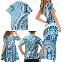 Bula Fiji Vintage Tapa Family Matching Short Sleeve Bodycon Dress and Hawaiian Shirt Kaivity Masi Wave Motifs - Turquoise