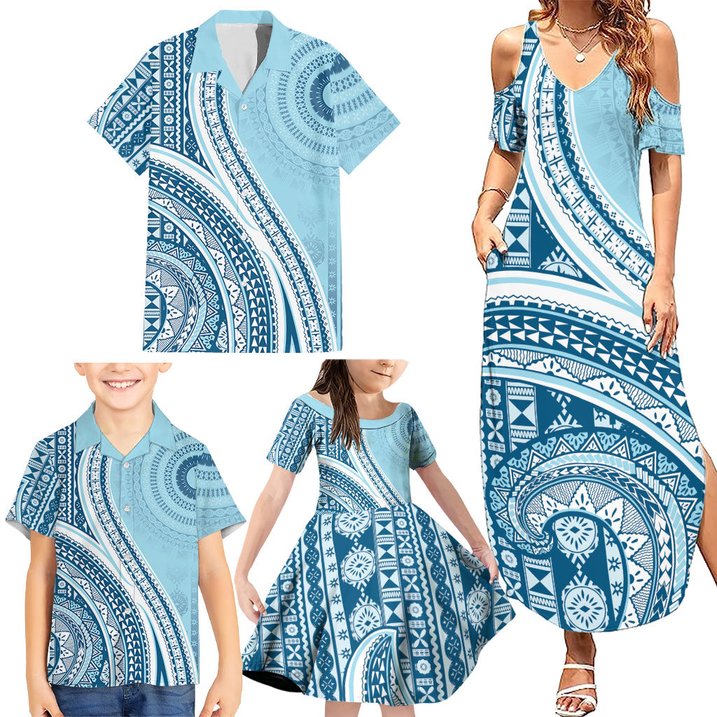 Bula Fiji Vintage Tapa Family Matching Summer Maxi Dress and Hawaiian Shirt Kaivity Masi Wave Motifs - Turquoise
