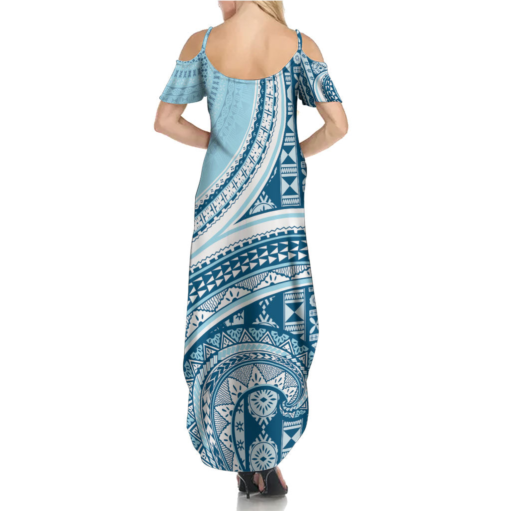 Bula Fiji Vintage Tapa Family Matching Summer Maxi Dress and Hawaiian Shirt Kaivity Masi Wave Motifs - Turquoise