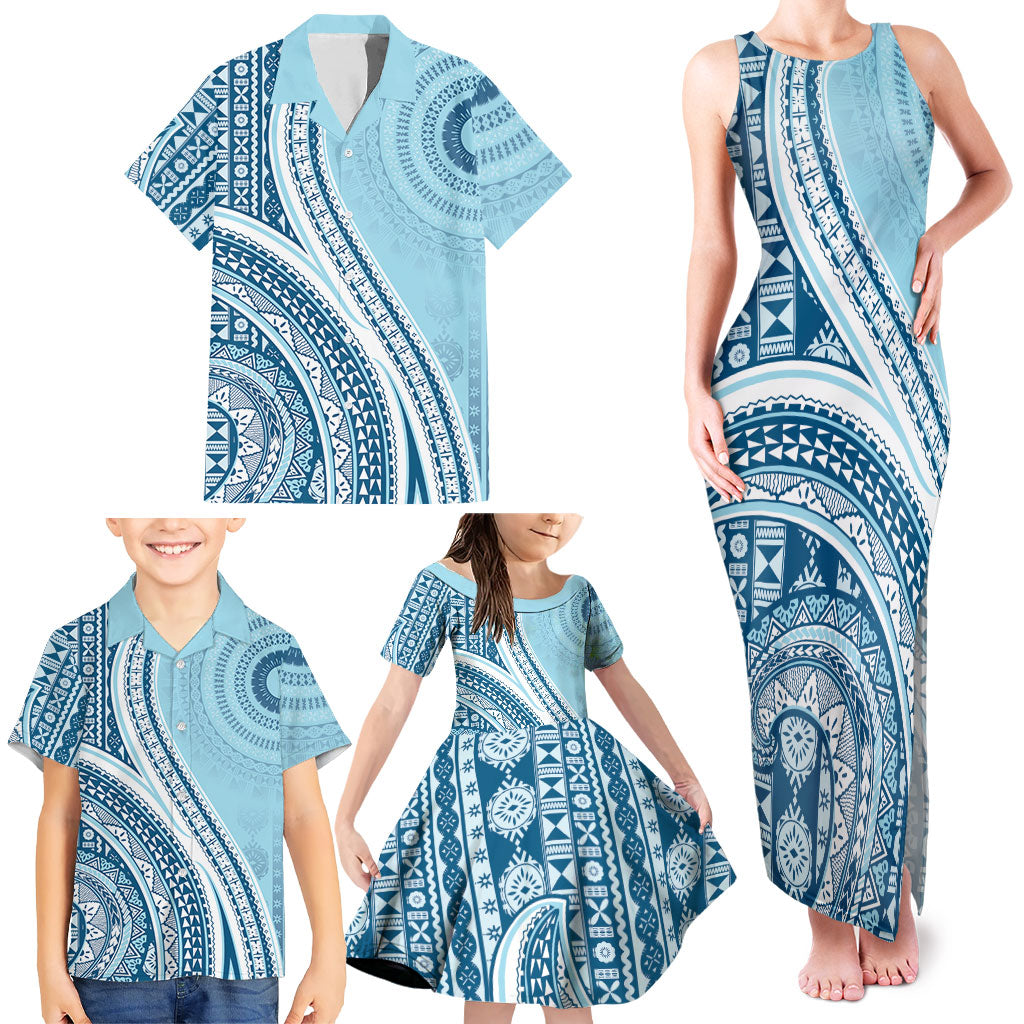 Bula Fiji Vintage Tapa Family Matching Tank Maxi Dress and Hawaiian Shirt Kaivity Masi Wave Motifs - Turquoise