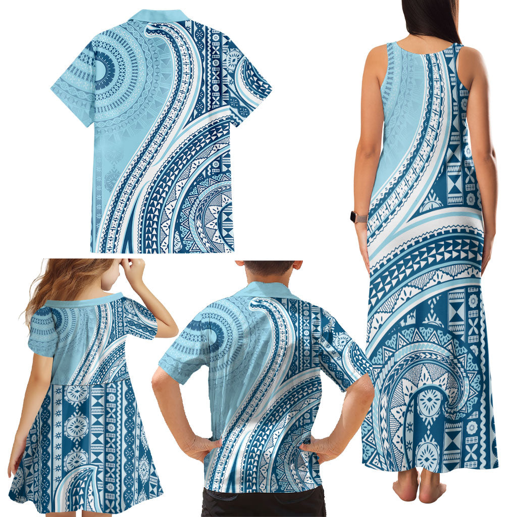 Bula Fiji Vintage Tapa Family Matching Tank Maxi Dress and Hawaiian Shirt Kaivity Masi Wave Motifs - Turquoise