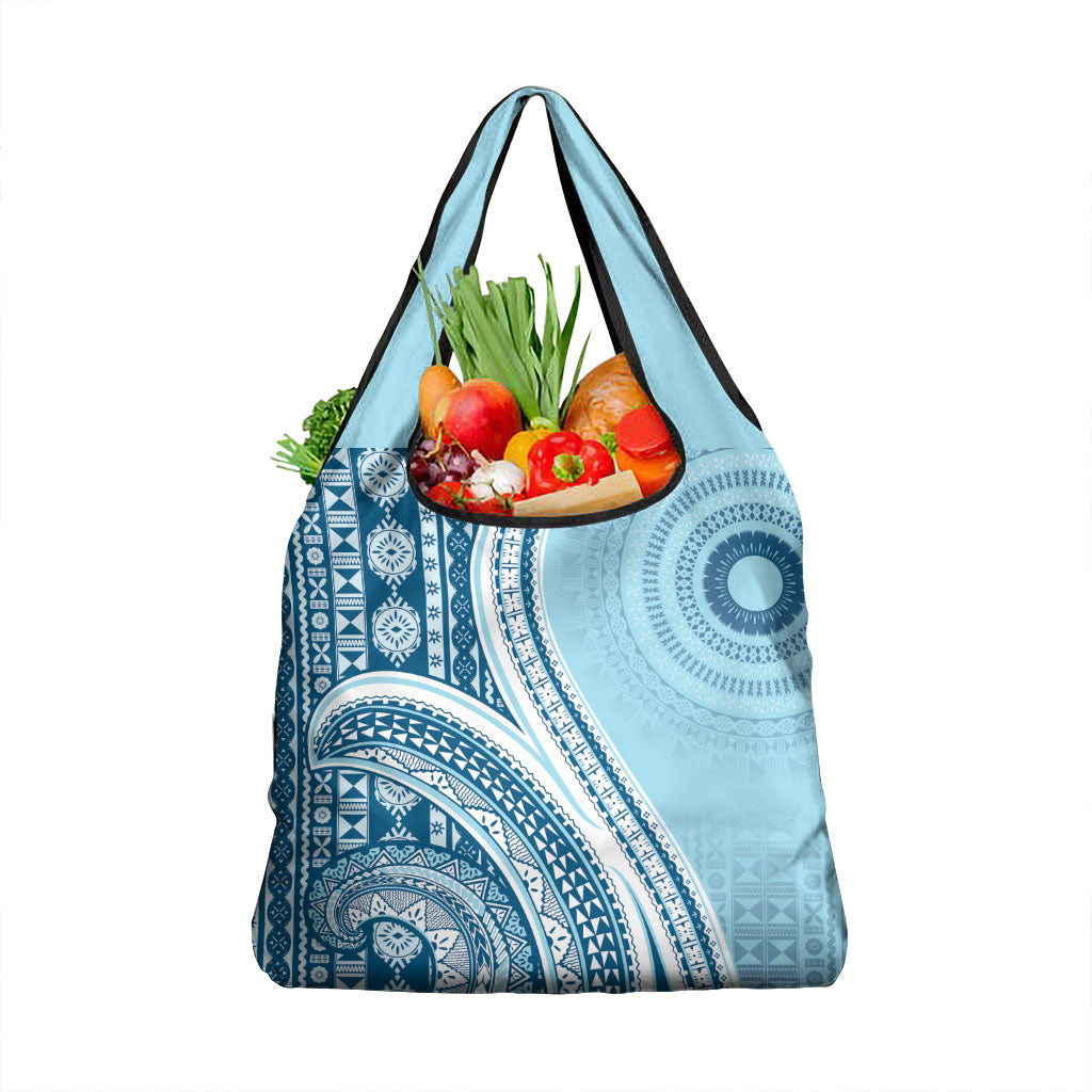 Bula Fiji Vintage Tapa Grocery Bag Kaivity Masi Wave Motifs - Turquoise