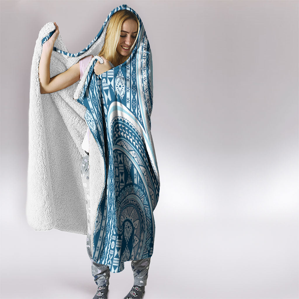 Bula Fiji Vintage Tapa Hooded Blanket Kaivity Masi Wave Motifs - Turquoise LT7 - Polynesian Pride