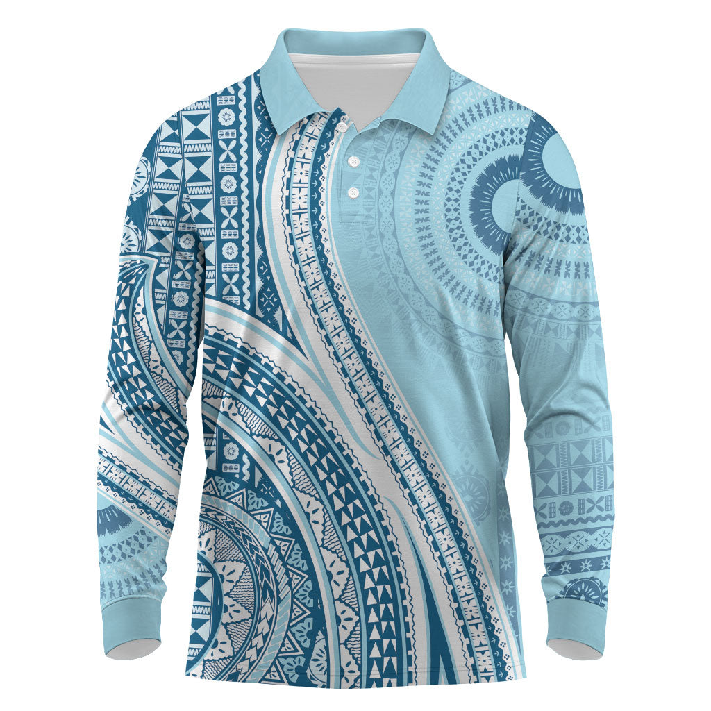 Bula Fiji Vintage Tapa Long Sleeve Polo Shirt Kaivity Masi Wave Motifs - Turquoise